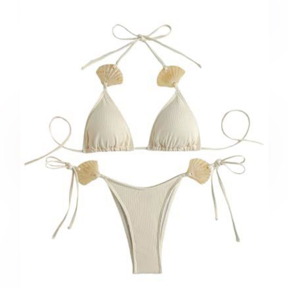 RoseSeek 2 Piece Bikini shell accents, High Cut Halter Triangle String Boho NWOT